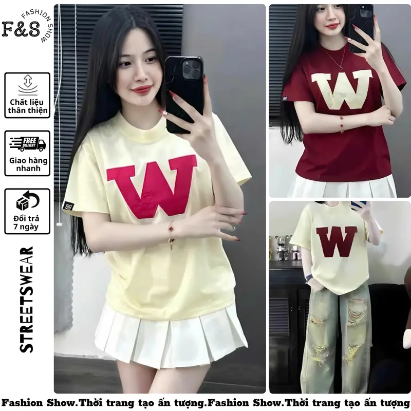 Áo thun unisex from rộng CHỮ W - Áo phông F&S nam nữ tay lỡ dành cho các cặp đôi Top Cotton Women Top Cotton Cổ Tròn 0