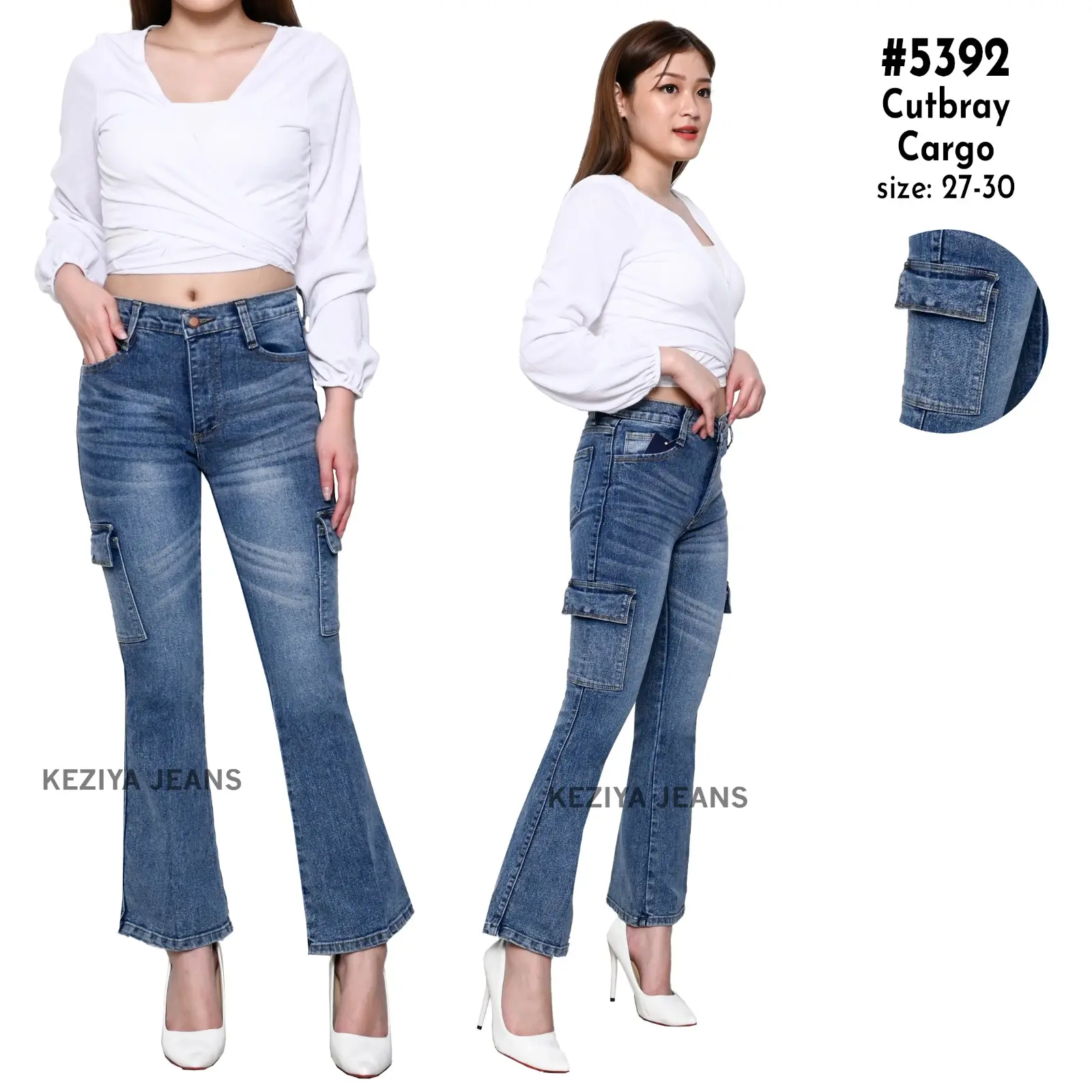 Celana Jeans Cutbray Cargo 7/9 Wanita Pinggang Highwaist Terbaru Cewek Dewasa Denim Nyaman Skinny Panjang Panjang Karet Bawahan