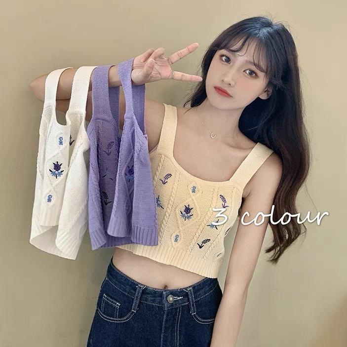Áo 2 dây bản to croptop nữ len dệt kim thêu hoa xinh xắn kiểu sát nách cổ vuông phong cách Hàn Quốc trẻ trung