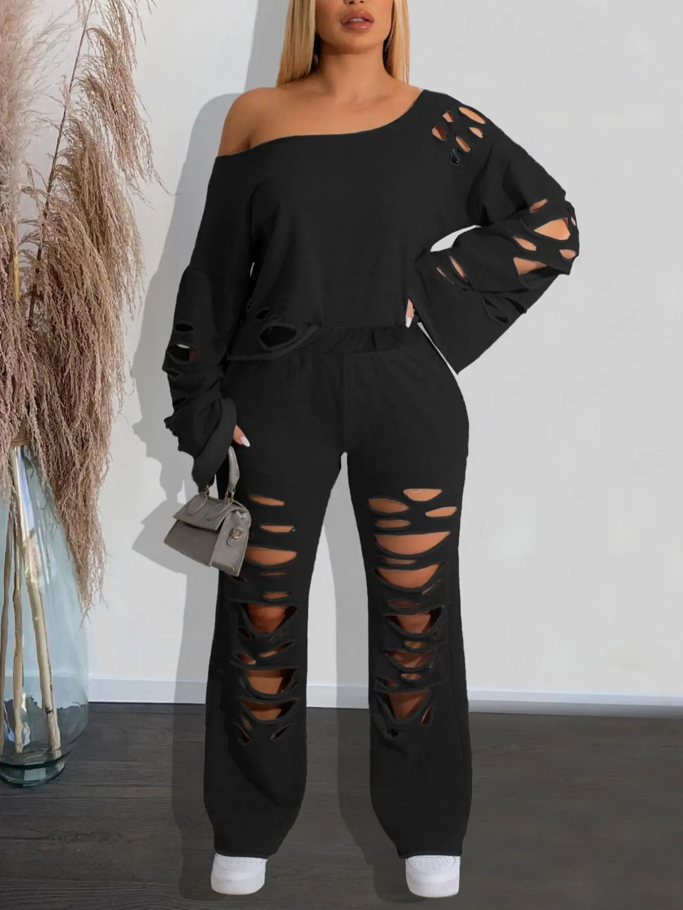 Women's Asymmetrical One Shoulder Cut Out Top & Flare Leg Elastic Waist Pants Set, Chic Casual Solid Long Sleeve Top & Bell Bottom Trousers Set, Co Ords for Women, Co-ord Sets for Ladies