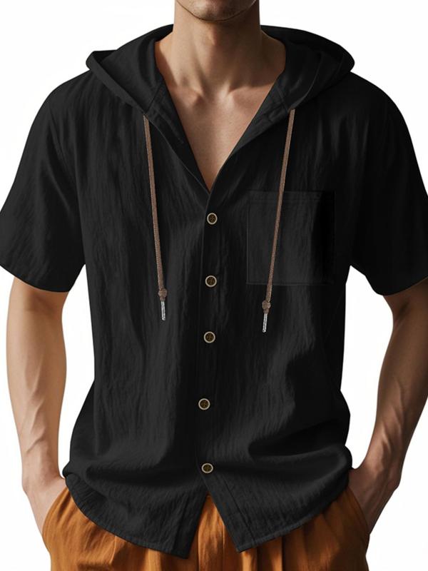 Men's Solid Color Thin Breathable Linen Shirt, Casual Short Sleeve Hooded Top for Summer, Fashion Men's Clothes for Daily Wear, Gamis 3