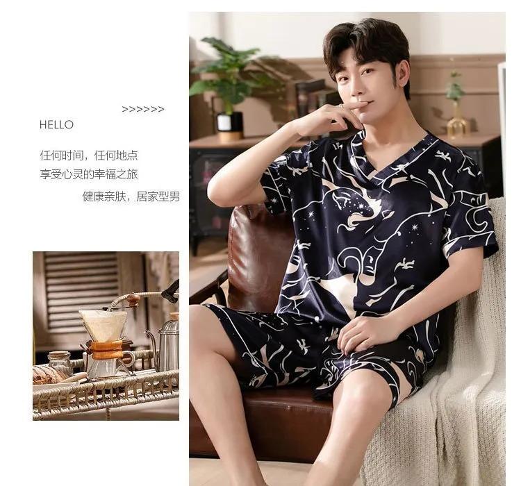 Product Introduction of Men's Pajamas Summer Fashion V-Neck Thin Ice Silk Short-Sleeved Shorts Nightie Two Piece 2024 New Boys Casual Sleepwear Nightie 18