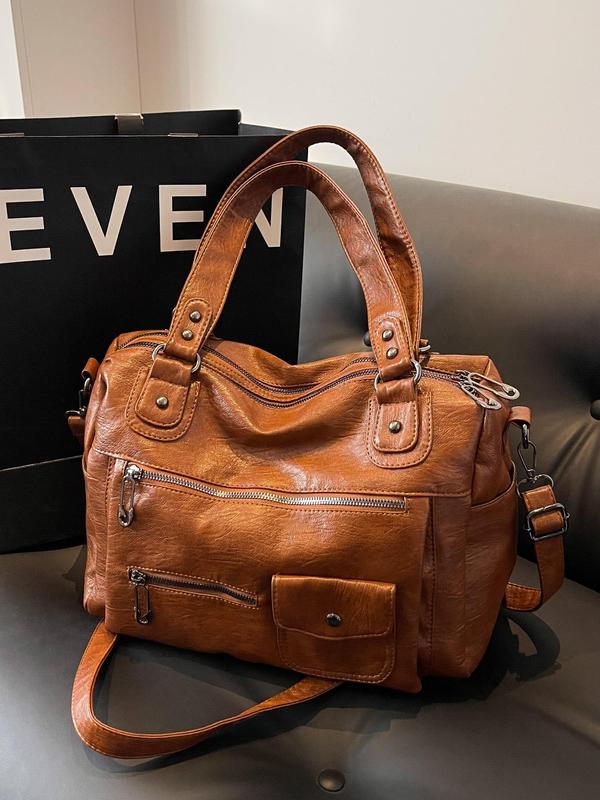 Women's Fashion Elegant Large Capacity Tote Bag, Vintage Trendy Pu Leather Shoulder Bag, Casual Versatile Zipper Tote Bag for Trip & Business, Designer Bags 1