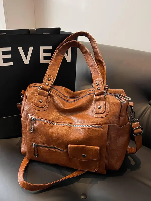 Women's Fashion Elegant Large Capacity Tote Bag, Vintage Trendy Pu Leather Shoulder Bag, Casual Versatile Zipper Tote Bag for Trip & Business, Designer Bags 0
