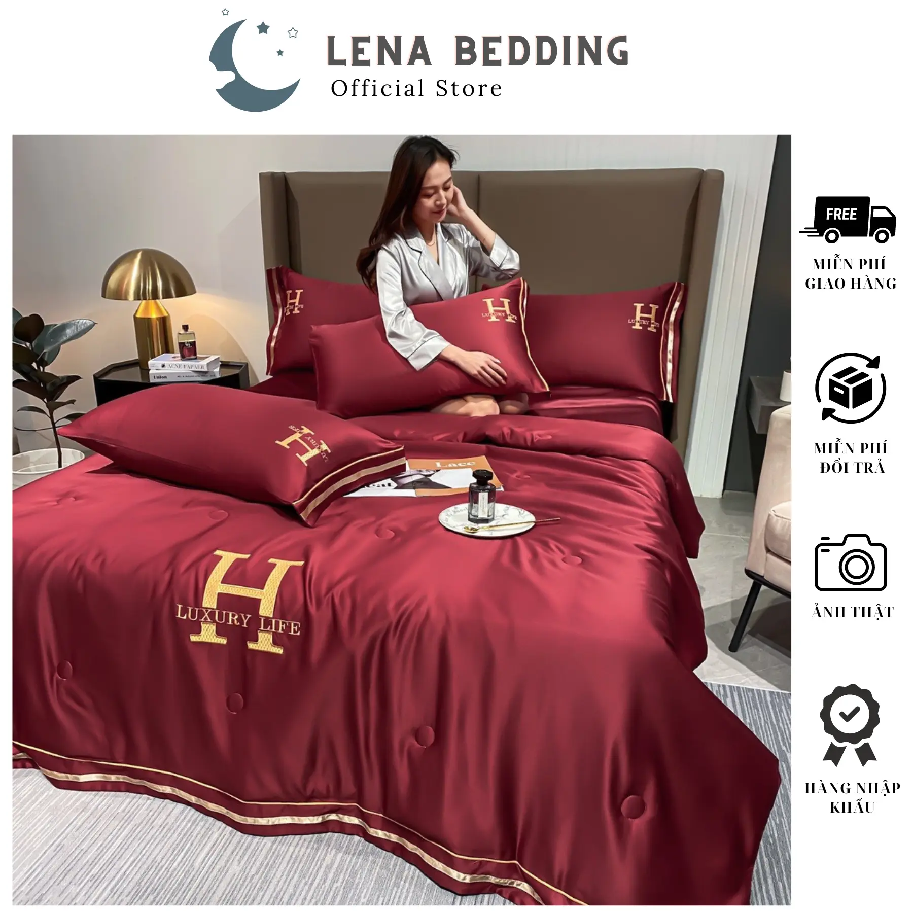 Set chăn ga gối Lụa thêu chữ H - Bộ chăn chần 4 món chất liệu Lụa thoáng mát, mềm mịn