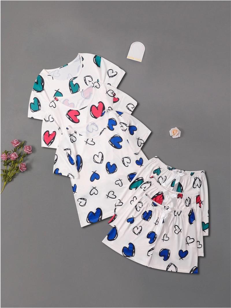 Product Introduction of 6 Counts Women's Butterfly Heart Print Tee & Shorts Pyjama Set, Casual Comfy Round Neck T-shirt & Shorts Pj Set, Matching Pajamas, Sleepwear & Loungewear Set for Women 15