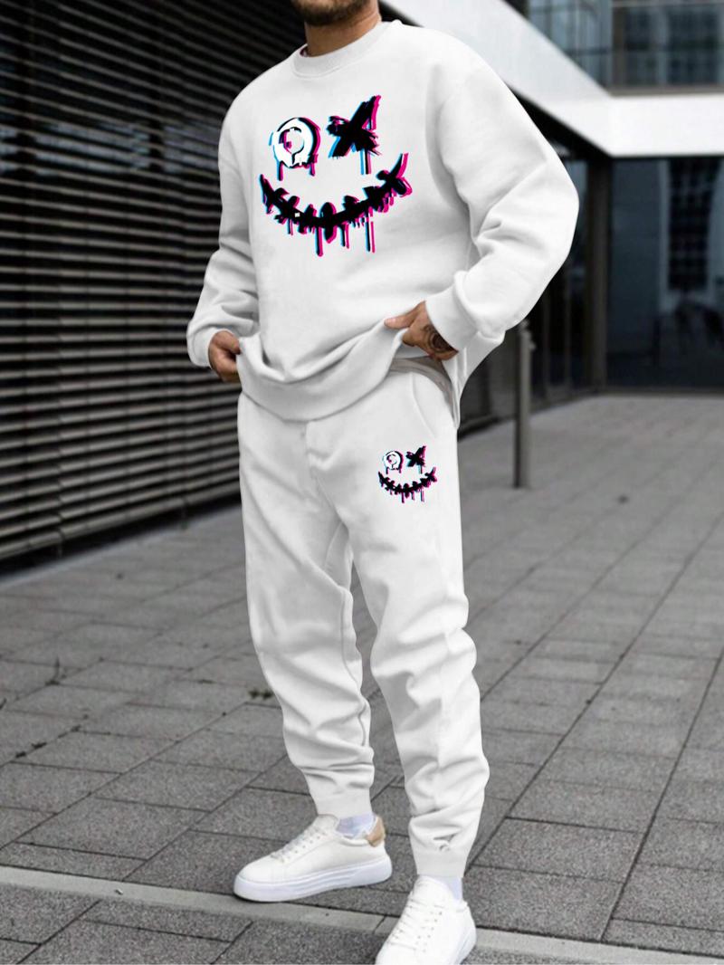 Product Introduction of Men's Smile Face Print Sweatshirt & Elastic Waist Sweatpants Set, Casual Long Sleeve Pullover & Jogger Pants for Fall & Winter, Men's Outfits for Daily Wear 1