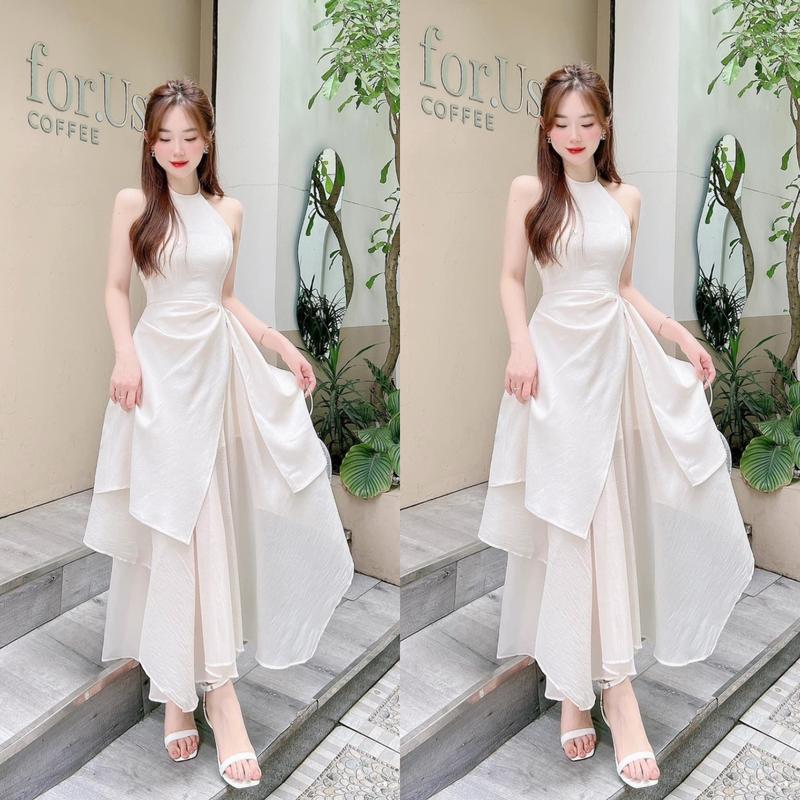 Đầm dự tiệc nữ cổ yếm hở lưng màu nude màu đen sang trọng chất tơ nến, lưng bo chun (có sẵn mút ngực) Women Dress