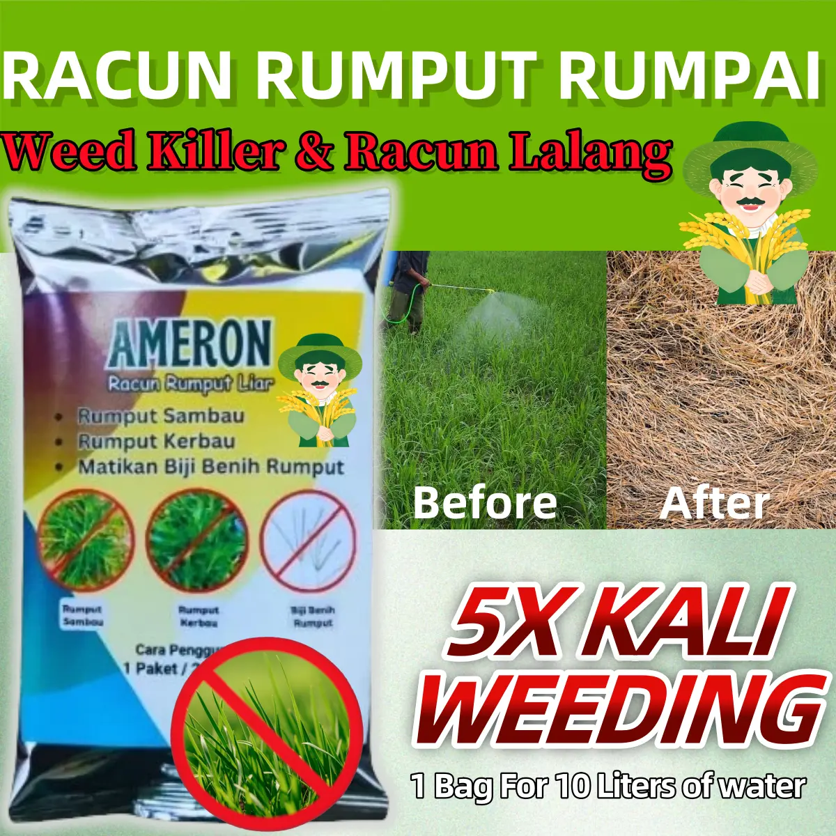 (Original) Ameron Ametryn 50g, racun rumput sambau berkesan untuk kawalan rumput sambau dan rumpai lain. Sebagai herbisid sistemik, ia bertindak pra-emergen dan berfungsi dengan baik seperti AMERON, AMFINE, KENSAPAX, Ametrex, Farmspect, Contego,dan Diuron