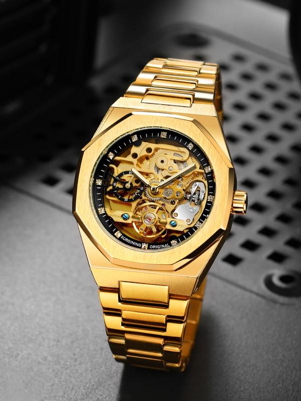 Men's Classic Business Rhinestone Decorated Analog Mechanical Watch, Fashion Watches for Men, Luminous Hands Watch for Party, Daily Clothing Decor, Trendy All-match & Exquisite Watch for Birthday Gift with Box 3