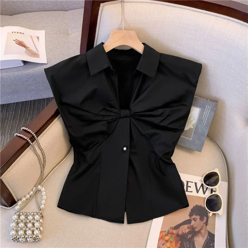 Áo Ghi Lê Không Tay Cổ Polo, Phong Cách Cổ Điển Kiểu Pháp, Dành Cho Nữ, Áo Vest Nhỏ Áo Sơ Mi Nhỏ Ôm Sát, Trang Phục Mùa Hè Sang Trọng, Có Nơ, Áo Kiểm Soát Eo