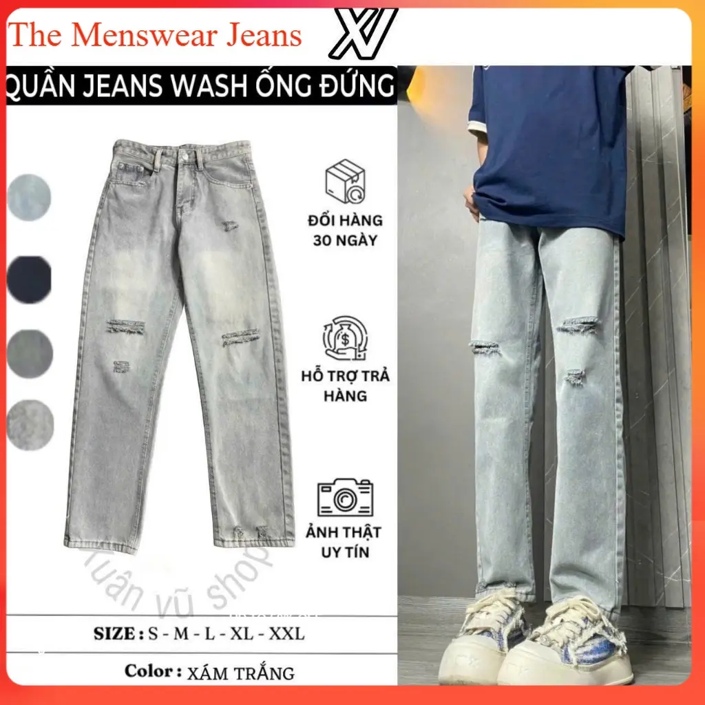 Quần jean nam ống suông Bagy Form Suông Ống Suông Wash Rách Phong Cách mới