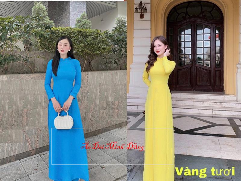 Product Introduction of Áo dài trơn Vàng Tươi- Xanh Đức Mẹ chất liệu lụa mỹ mêm mịn, mát sang chảnh Nữ Voi Voan Sen 5