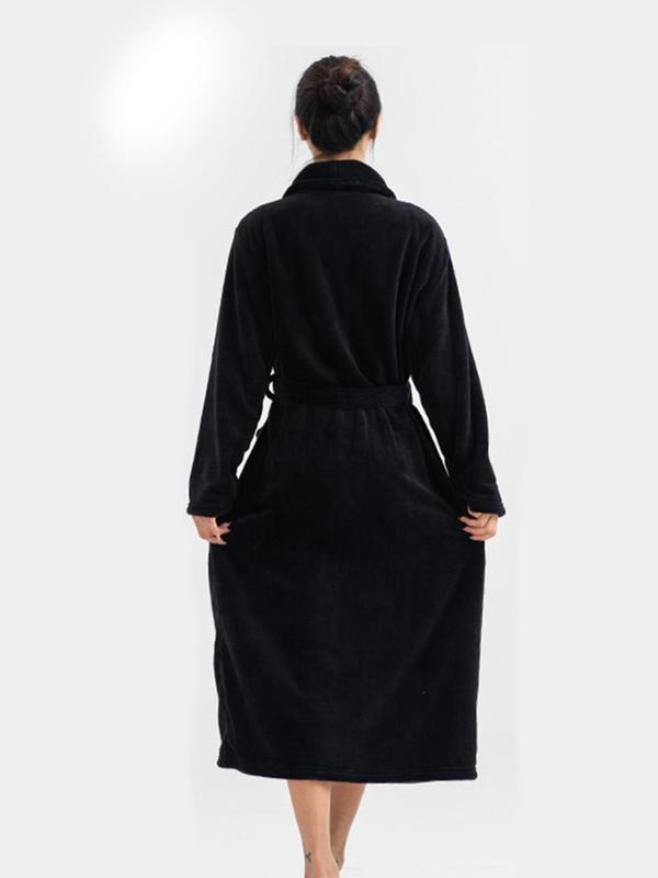 Women's Pocket Belted Shawl Collar Flannel Robe, Casual Long Sleeve Bathrobe Housecoat Dressing, Comfort PJ For Lady, Cold Weather Gear 4