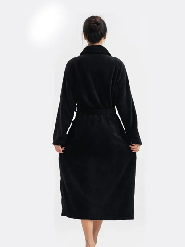 Women's Pocket Belted Shawl Collar Flannel Robe, Casual Long Sleeve Bathrobe Housecoat Dressing, Comfort PJ For Lady, Cold Weather Gear 4