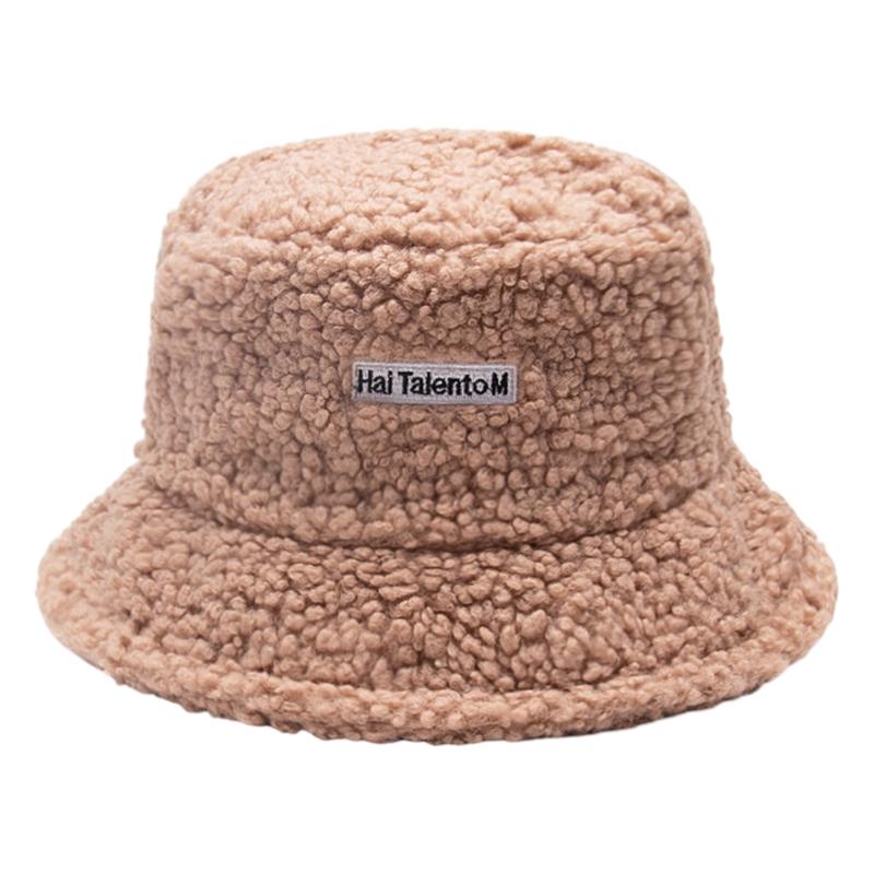 Product Introduction of Lamb Wool Bucket Hat Winter Warm Hats For Women Lady Thicken Flat Top Cap Panama Outdoor Fisherman Hat Caps Letter Embroidered Hat Fisherman Cap 56-58 cm 23