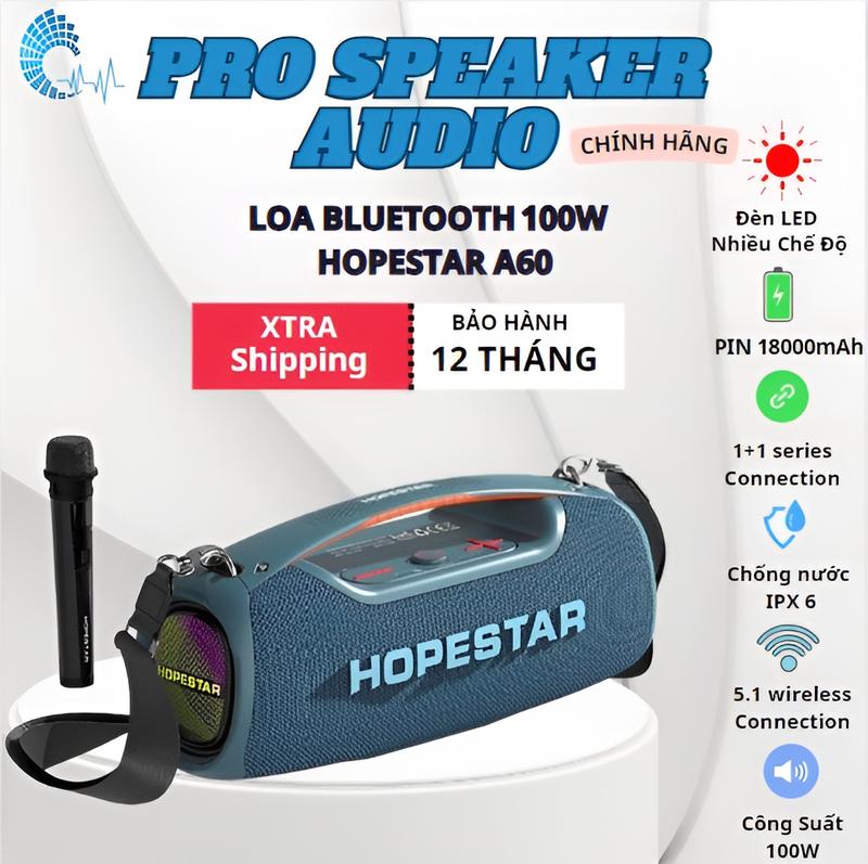 Loa Bluetooth Hopestar A60 Mới Nhất 3 đường tiếng CAO CẤP  Phiên Bản 2024 Có Mic Hát Karaoke, Âm Thanh Siêu Bass Công Suất 100W, thay đổi chế độ nhạc và đèn LED theo sở thích Nghe Nhạc