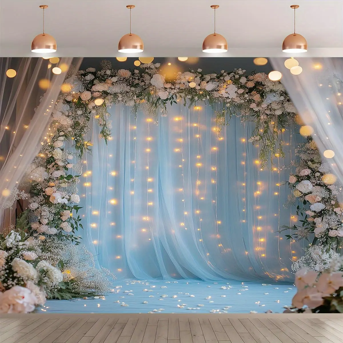 1pc Elegant Blue Tulle Floral Wedding Backdrop with Hanging Lights - Versatile Photography Background for Weddings, Birthdays, Anniversaries, and Home Decor - Indoor/Outdoor Use, Polyester Material, Easy Setup, Wedding Decorations.
