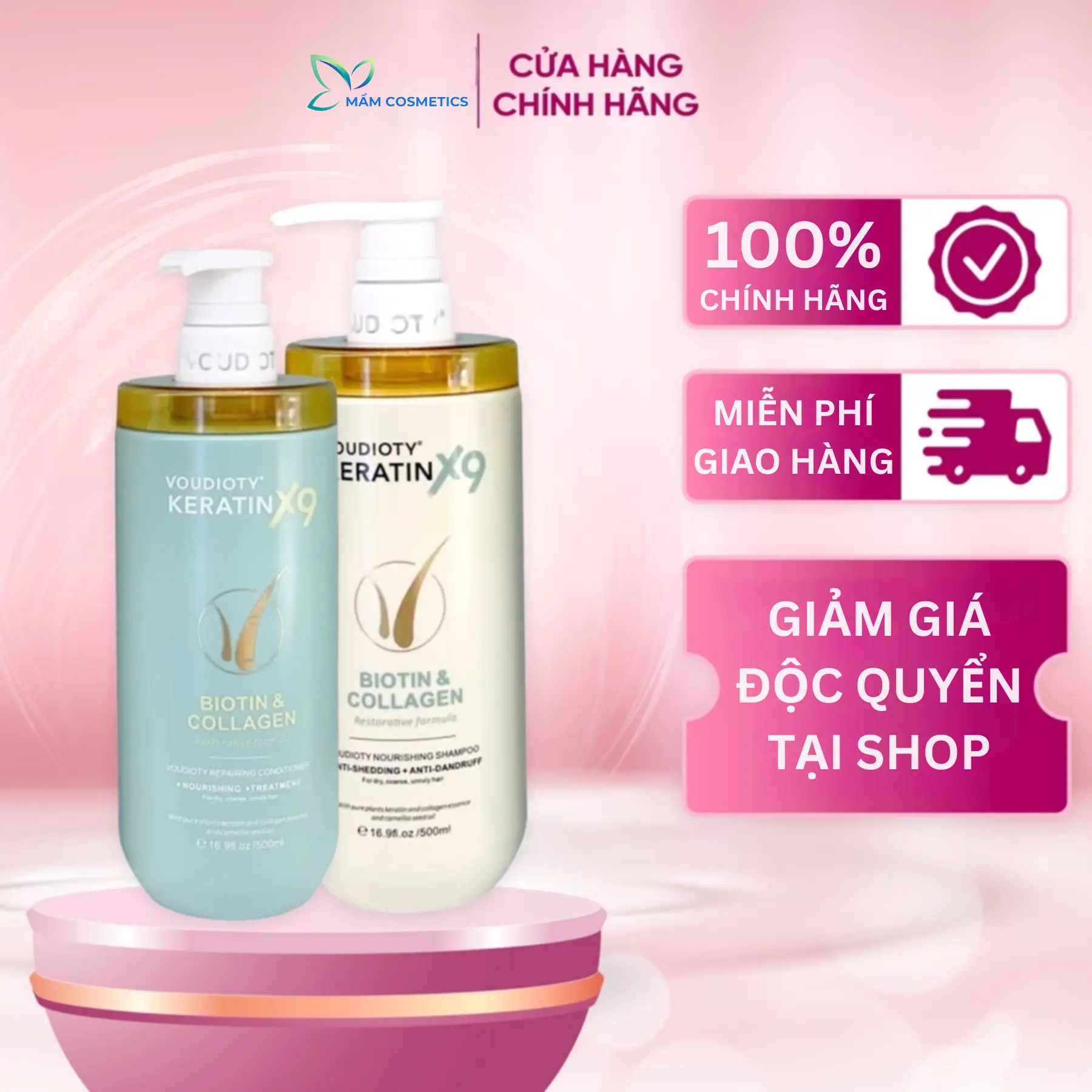 Cặp dầu gội, dầu xả phục hồi tóc hư tổn nặng Voudioty Keratin X9, Dầu gội xả tóc keratin x9 biotin & collagen 500ml