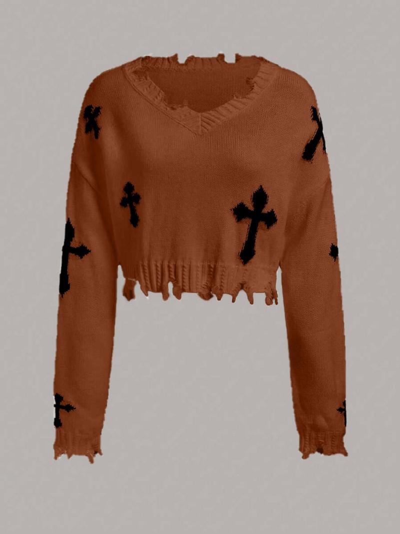 Product Introduction of Women's Cross Print Ripped Drop Shoulder Crop Sweater, Street Fashion Chic Style Long Sleeve V Neck Jumper for Daily Outdoor Wear, Ladies Knitwear for Spring & Fall, Tops for Women, Sweater for Women, Trending Clothing Women 12