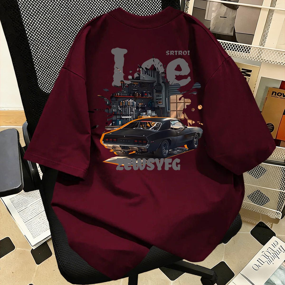 100% Katun Gaya Pakaian Kerja Retro Amerika, Kaos Lengan Pendek Motif Mobil Otot Retro, Garasi, Longgar, Kasual, Kerah Bulat, Unisex