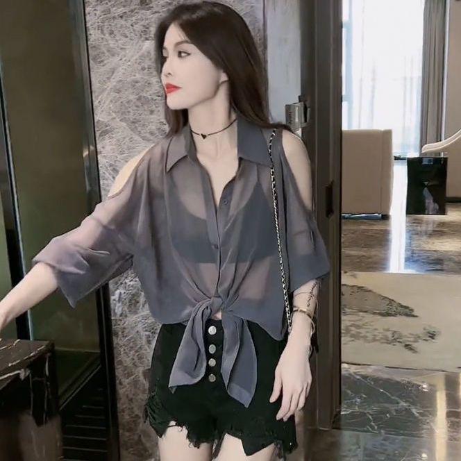Product Introduction of Áo Voan Trễ Vai Thiết Kế Đẹp Cho Nữ, Thích Hợp Cho Mùa Hè, Mỏng Và Thoáng Khí, Áo Khoác Cardigan, Độc Đáo Và Thanh Lịch, Hàng Mới Về Năm 2024 Top Women Sơ Mi 1