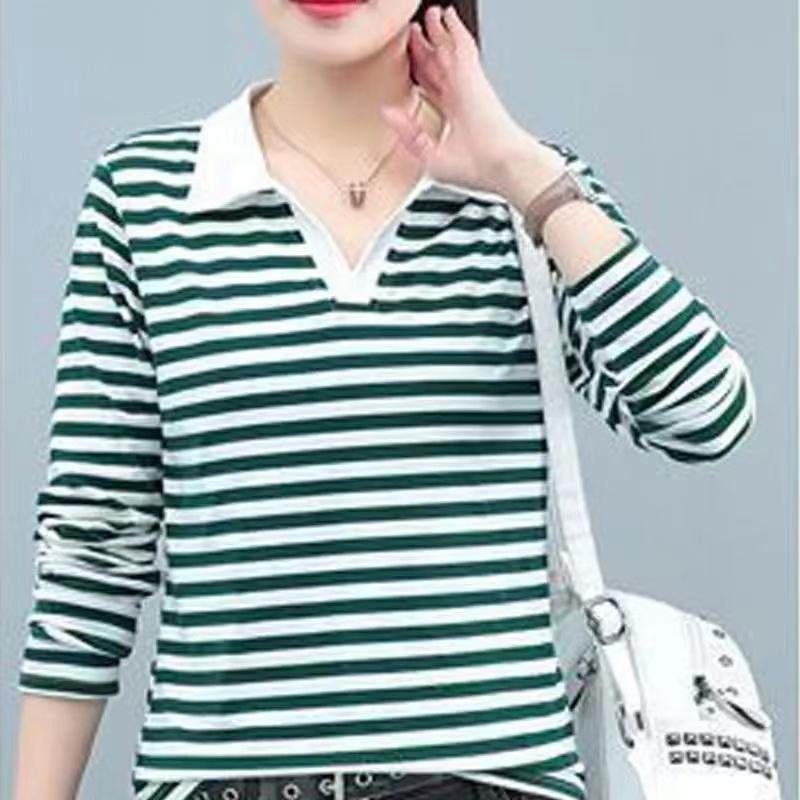 Product Introduction of Youthful Turn-down Collar T-shirt Striped Slim Fit Women Spring Autumn 2024 New Age-reducing Polo Collar Long Sleeve T-shirt 6