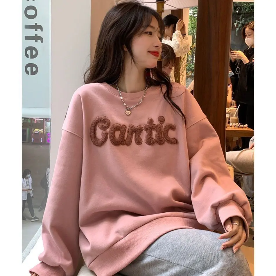 Áo Hoodie Chải Chữ Màu Hồng, Dòng Muối, Dành Cho Nữ, Mùa Thu Và Mùa Đông, Áo Chui Đầu Phong Cách Phương Tây In Mới, Dày Dặn, Ngoại Cỡ, Dáng Rộng, 2024