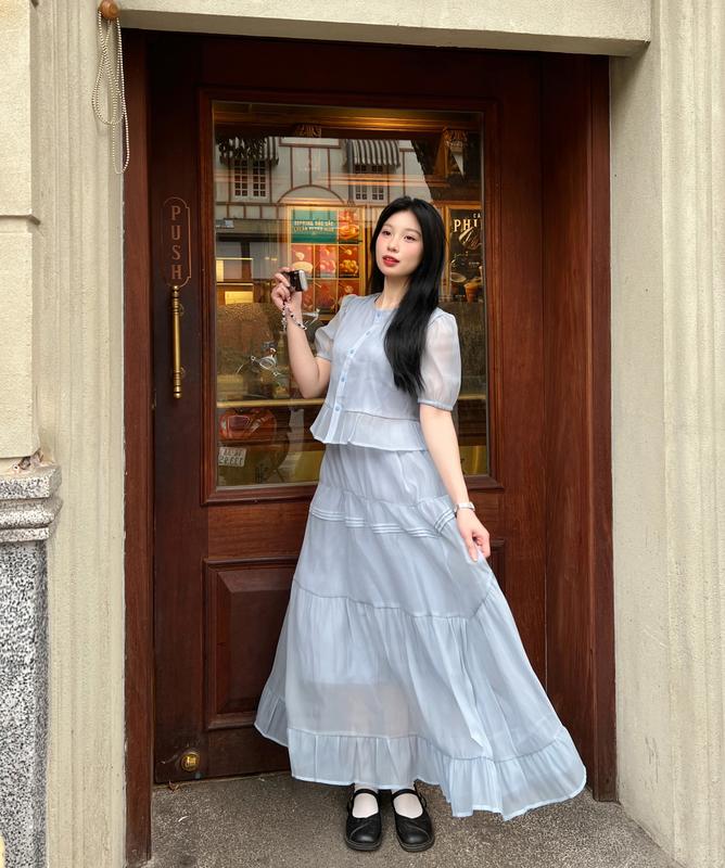 Set Áo Ngắn Tay Kèm Chân Váy Tầng Dáng Dài Xòe 29feb.closet Nhẹ Nhàng Chất Tơ Sần - S166 Set Đồ Nữ Sang Chảnh Nữ Women Top Kem