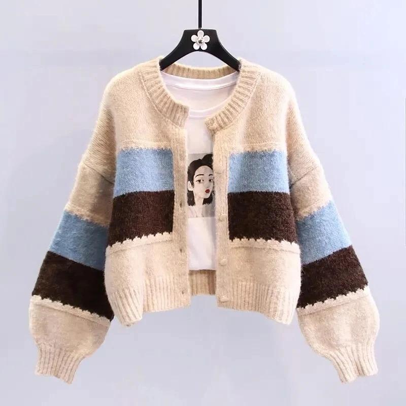 Product Introduction of Multicolor striped lantern sleeve knit loose single breasted women's cardigan sweater coat for women clothing Autumn Winter Knitwear Womenswear 18