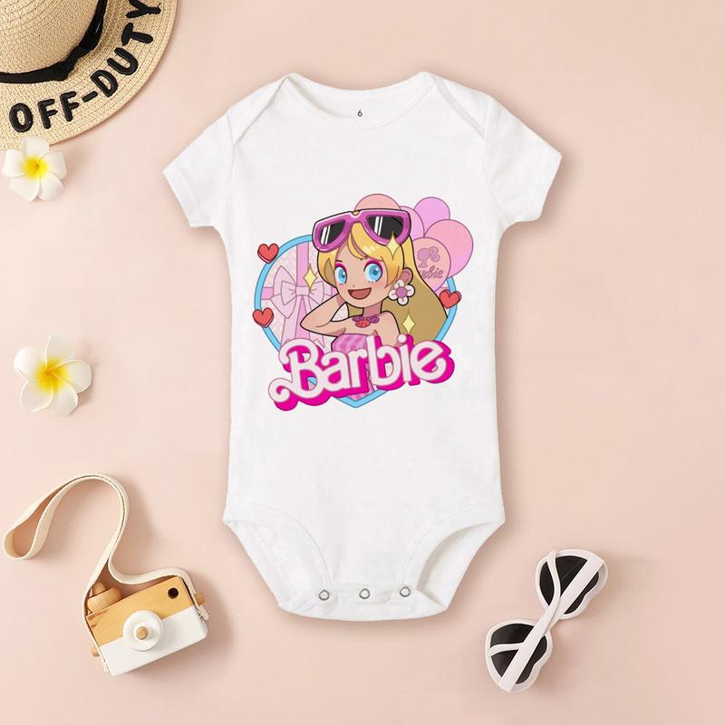 Product Introduction of Barbie Cartoon Fashion Printed Baby Girl Bodysuit Baby Trend Short Sleeve Jumpsuit Newborn Pajamas 3