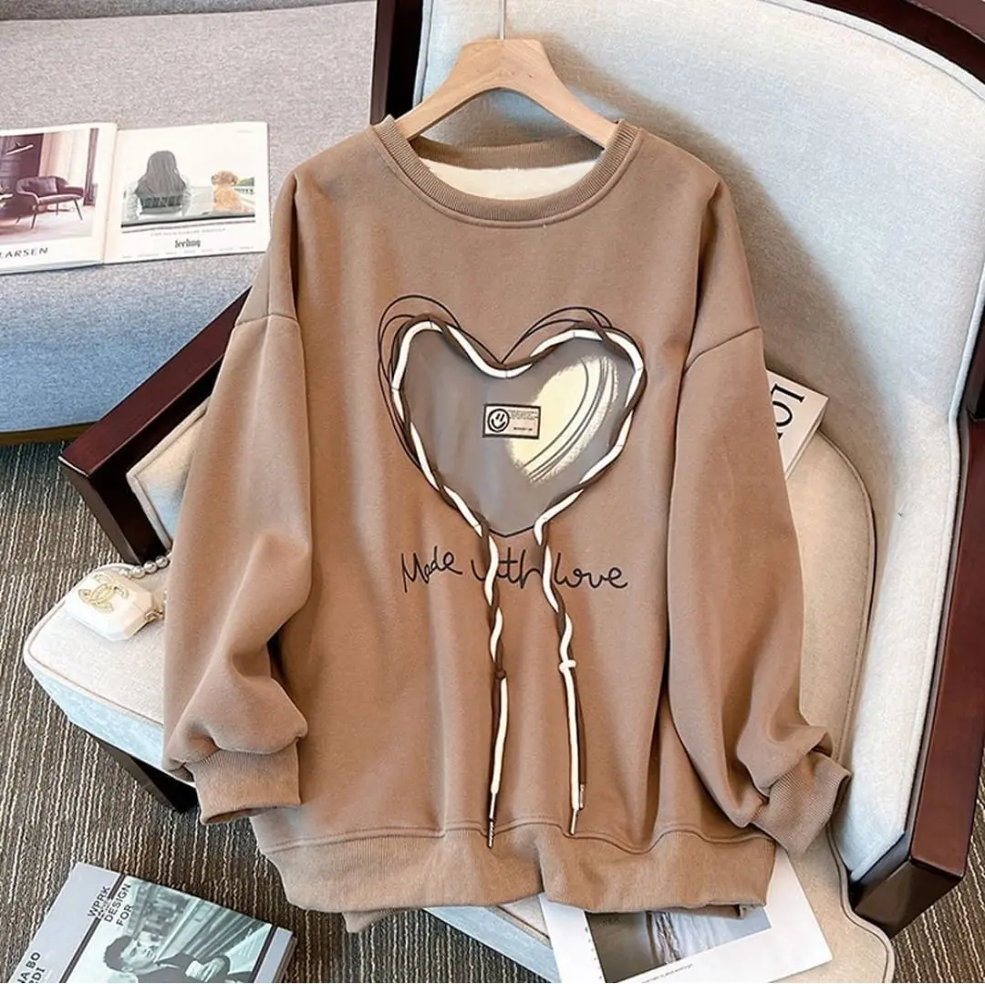 Sweater Wanita - MADE WITH LOVE OVERSIZE - Crewneck Wanita Fit Fleece Lembut Tebal Hoodie Basic