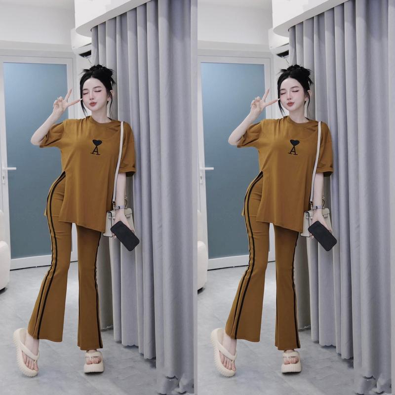 Set Bộ Nữ Thun TĂM LẠNH Quần Loe + Áo FORM RỘNG Xẻ Tà 1 BÊN BIGSIZE (45-85) KG