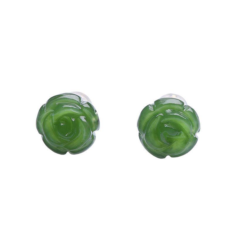 Bông Tai Đinh tán Hoa Hồng Ngọc Lục Bảo Ngọc Bích Hòa Điền Hoa Tai Ngọc Bích Xanh Cho Nữ, Bạc Sterling 925, Phong Cách Cổ Điển 4