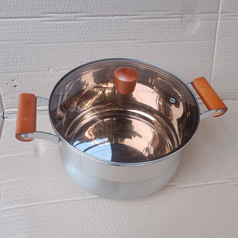 Extra-Thick Stainless Steel Round Soup Pot with Lid and Dual Wooden Handles for Heat Resistance 0