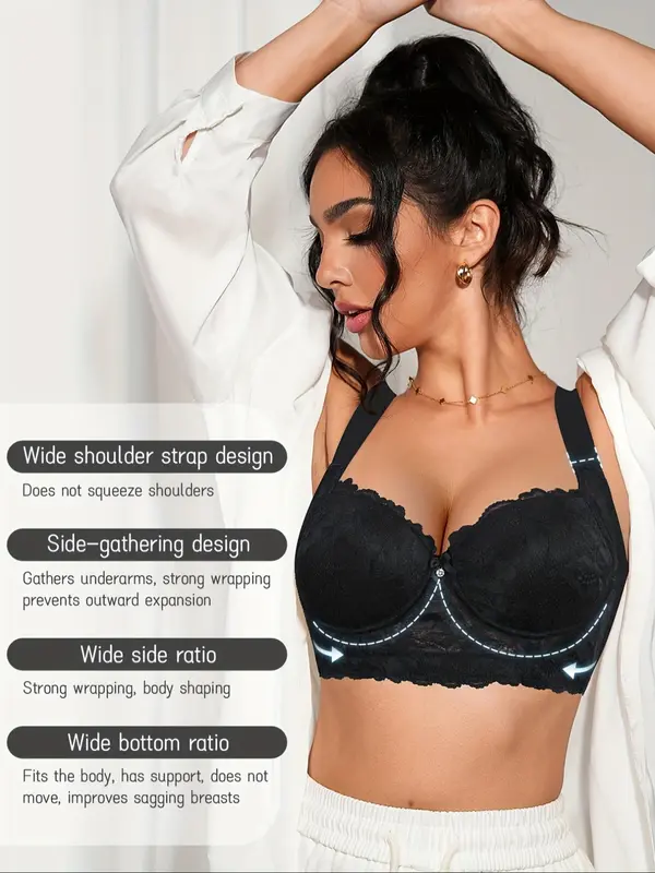 Women's Solid Color Lace Bra, Adjustable Strap Push Up Bra, Soft Comfortable Breathable Underwear for Women, Lingerie for All Seasons 2