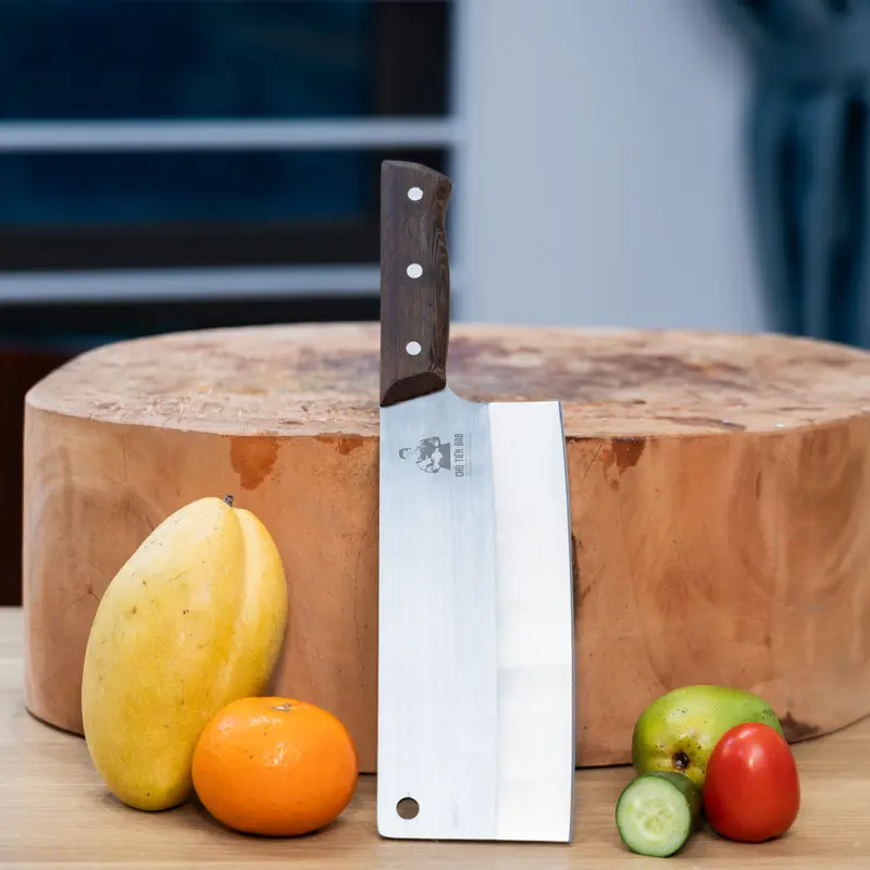 Dao chuyên Chặt ngan, gà, vịt, xương ống hạng nặng bằng thép SUPAP Tàu Thủy, độ cứng 61HRC. Chuôi cán Ốp chốt 3 đinh bằng gỗ mun Nam phi không lo tụt cán 0