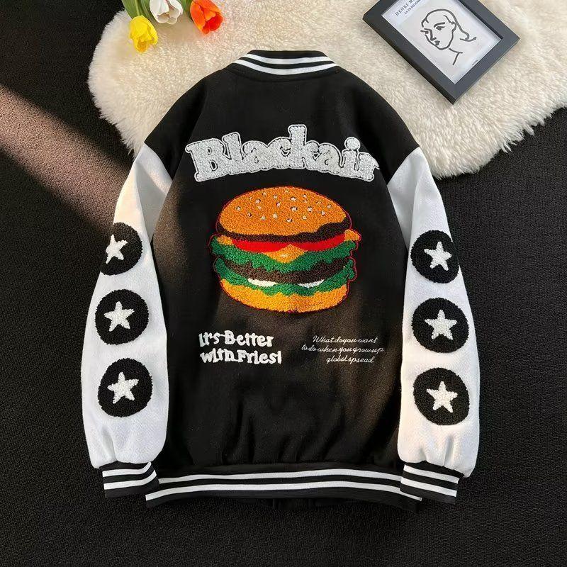 Product Introduction of Autumn and Winter American High Street Printed Hamburger Baseball Uniform Jacket Coat Men's and Women's Loose Trendy All-Match Ins Top 3