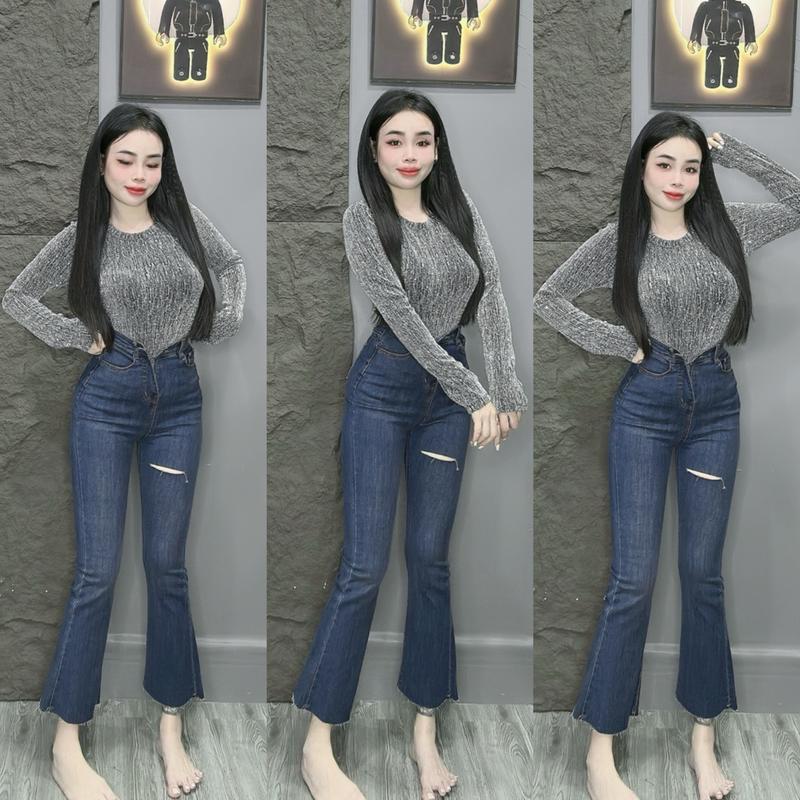 (Diễm bella shop)Quần Jean Bass Lở Lưng Siêu Cao Rách Nhẹ 1 Đường (90cm) cắt lai 3