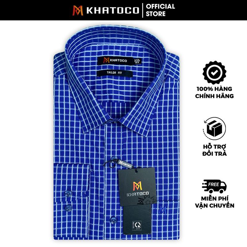 Sơ Mi Caro Tay Dài Màu Xanh Dương - Trắng, Form Tailor Fit Chống Nhăn, Lai Bầu - Áo sơmi Nam Khatoco Menswear