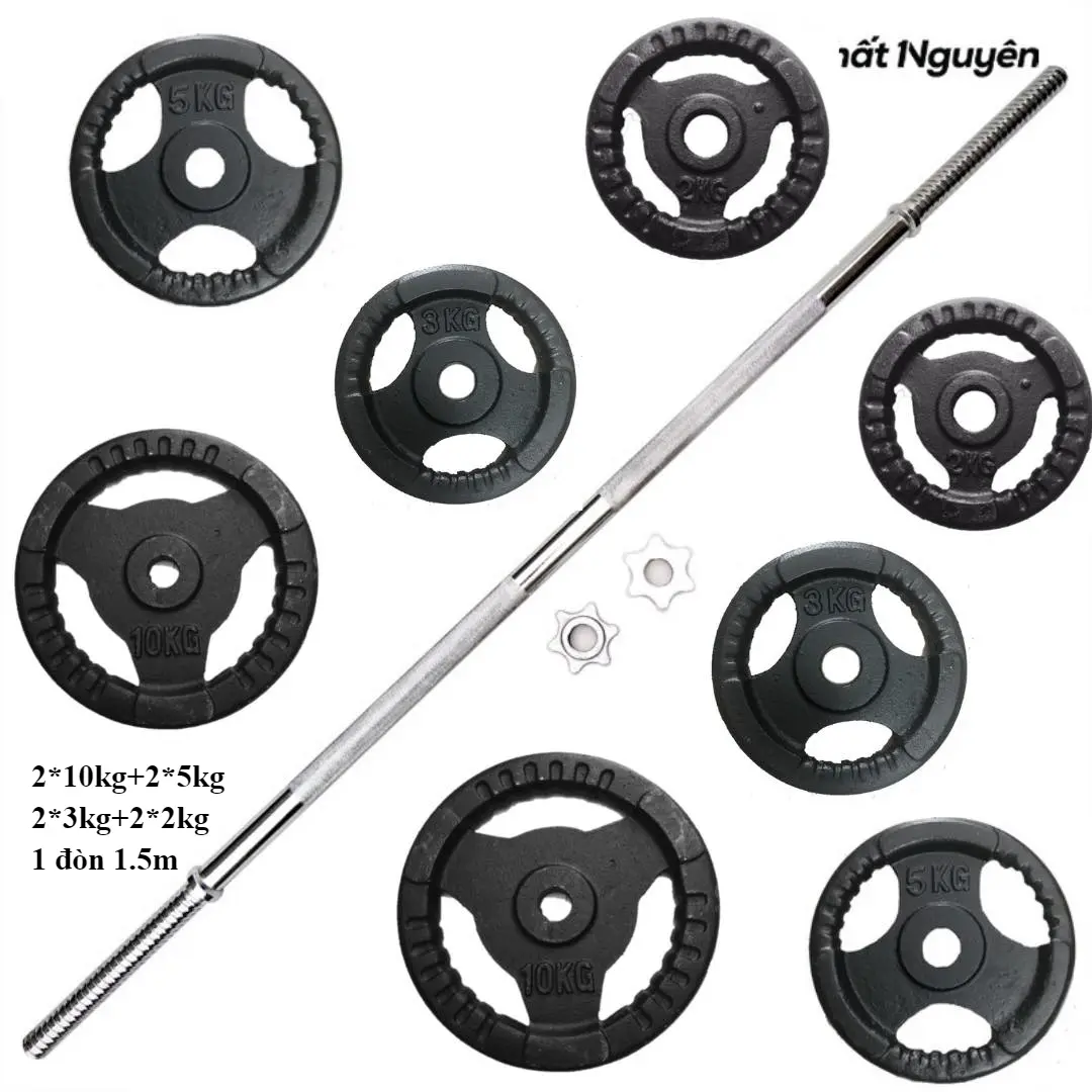 Combo đòn 1m5 + 40kg tạ gang (2 bánh 10kg,2 bánh 5kg,2 bánh 3kg,2 bánh 2kg)