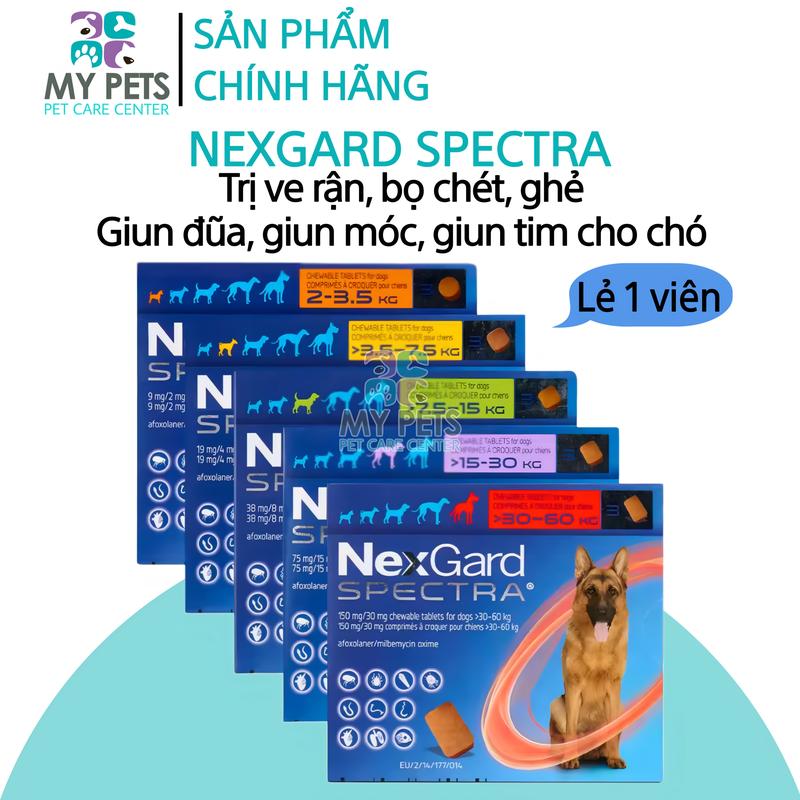Lẻ 1 viên - Không hộp NEXGARD SPECTRA Thuốc trị ve ghẻ bọ chét demodex tẩy giun cho chó No Box