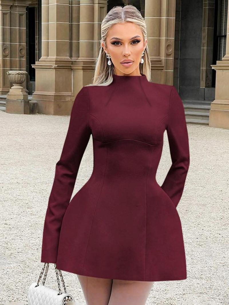 Product Introduction of Women's Plain Backless Button Decor A Line Dress, Elegant Long Sleeve Stand Collar Zipper Back Short Dress for Party Holiday Wedding Guest, Ladies Spring & Fall Clothes, Dresses for Women, Classy Modest Dresses 5