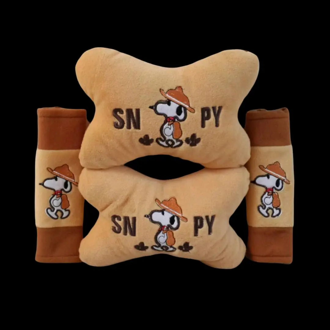 Bantal Mobil 2in1 Set Karakter Snoopy Headrest Velboa Dacron Nyaman Lembut Bantal Kepala Mobil Set 2in1 Karakter Snoopy