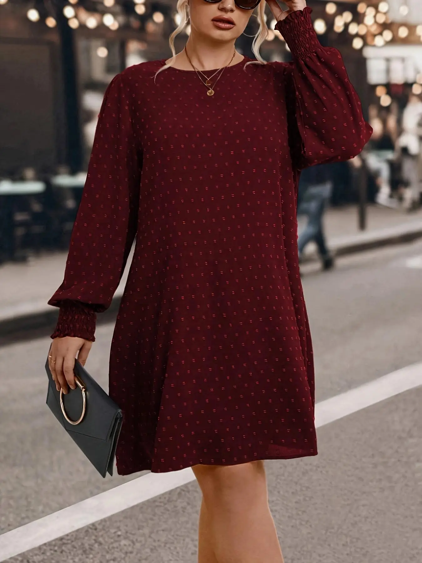 【Plus Size】 Swiss Dot Print Keyhole Neck Bishop Sleeve Dress, Casual Long Sleeve A Line Dress for Spring & Fall, Women's Clothes for Daily Wear
