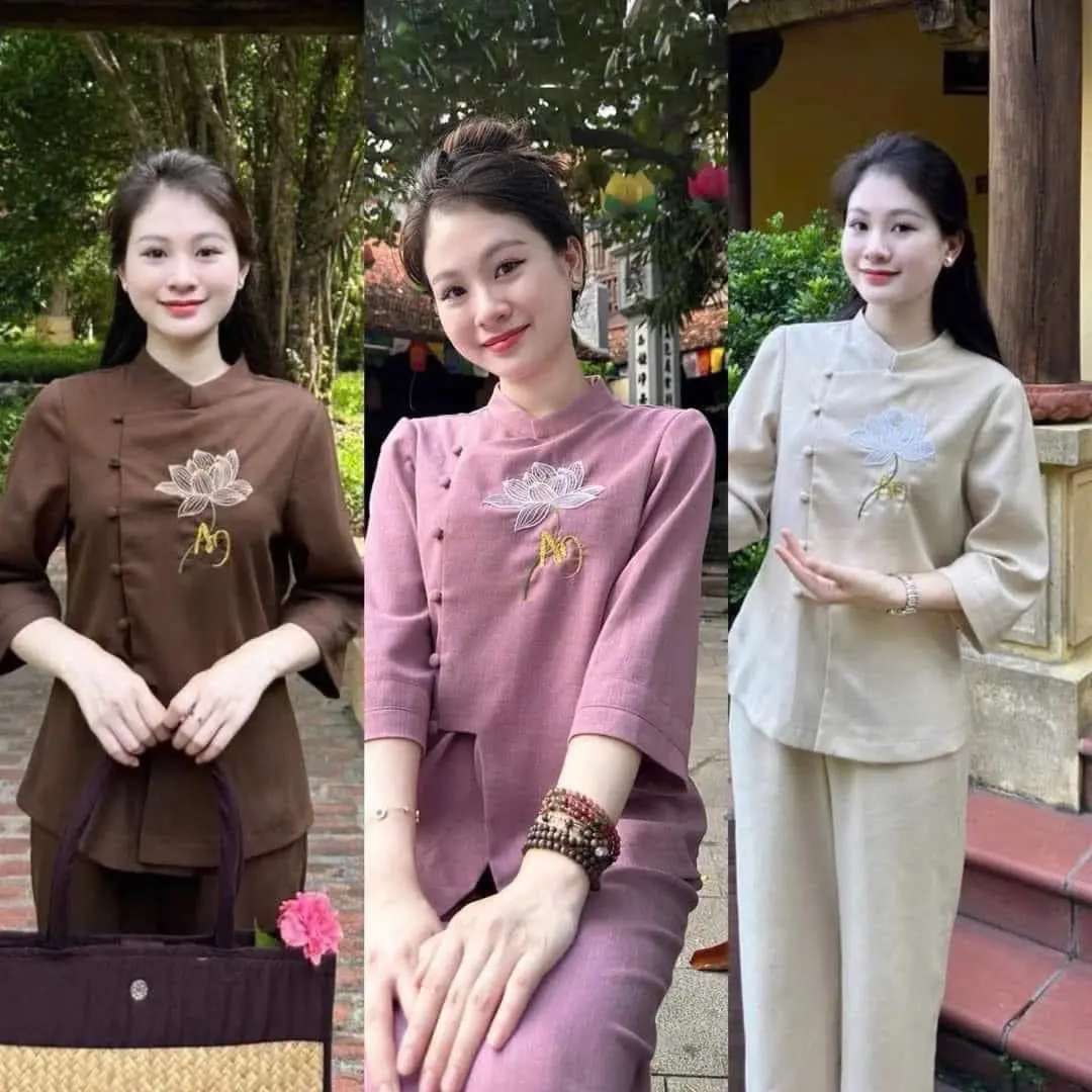 M179-Set bộ lam cổ tàu chất đũi thêu hoa sen cho nữ
