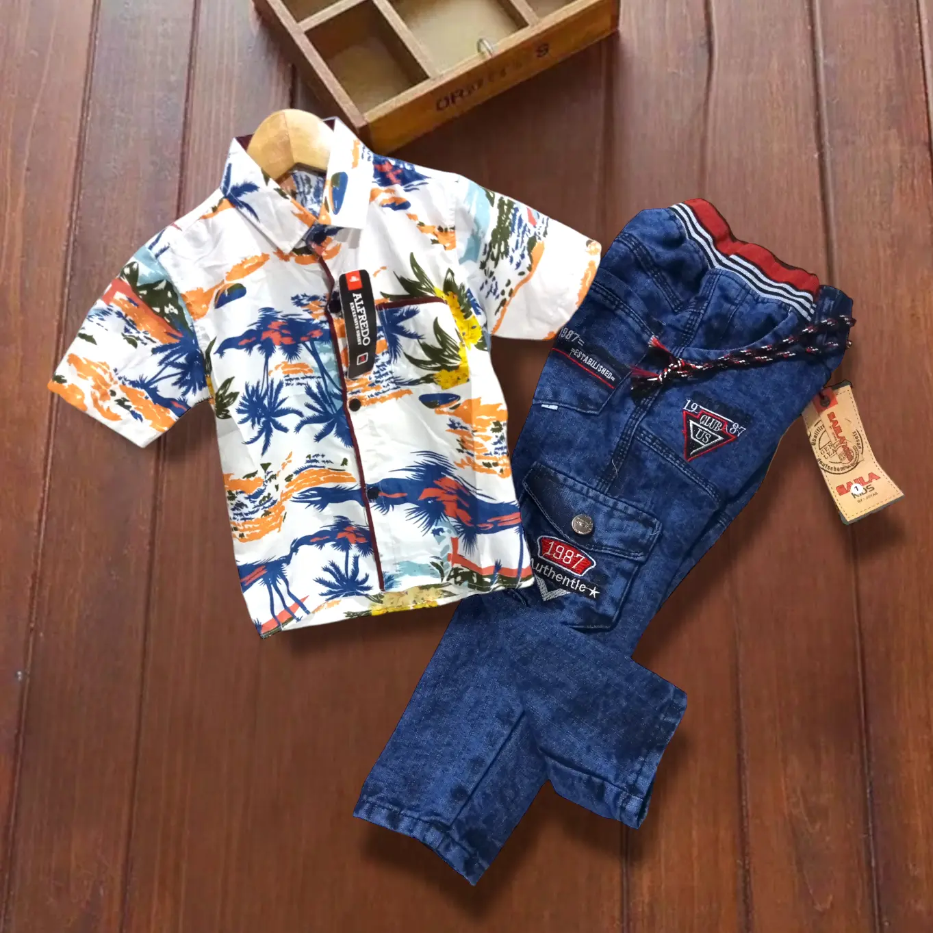 Setelan Kemeja Bermotif Celana Denim Cargo Panjang Terbaru anak fashion