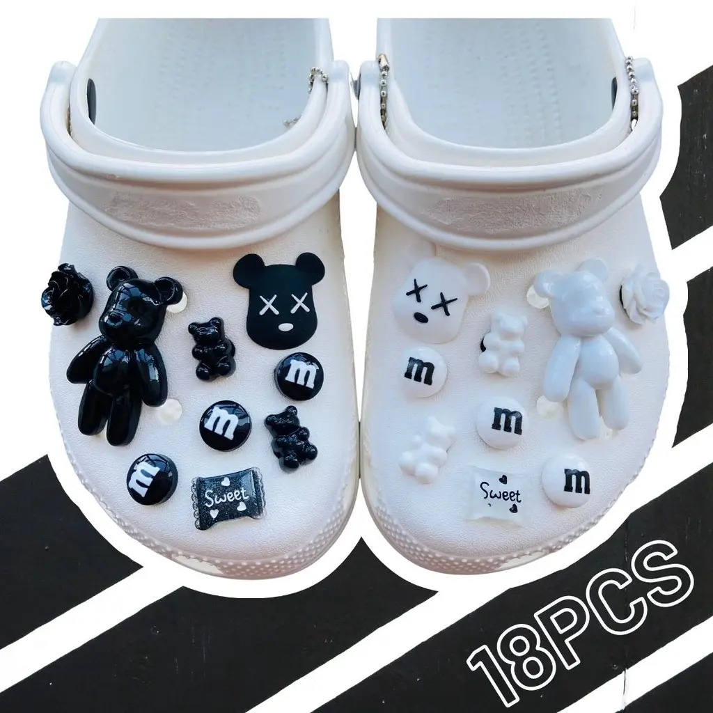 18PCS bear&brick croc jibz Charm Button Fashion Shoes Accessories#Black & white series