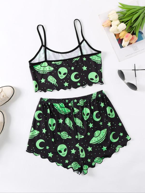 Two-Piece Set Women's All Over Moon Alien Print Crop Cami Top & Bow Decor Shorts Pyjama Set, Lettuce Trim Camisole & Elastic Waist Shorts PJ Set, Casual Comfortable Sleepwear Set for Women 1