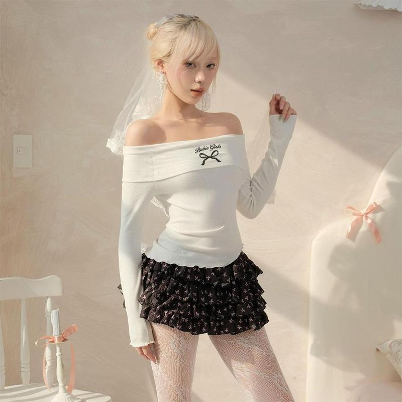 Áo Kiểu Nữ Tay Dài Trễ Vai Vạt Xéo PINKSTORE29 In Hình Nơ Dễ Thương A51158